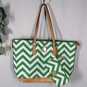 Dooney & Bourke | XL Tote Purse With Pouch Green White Chevron Handbag